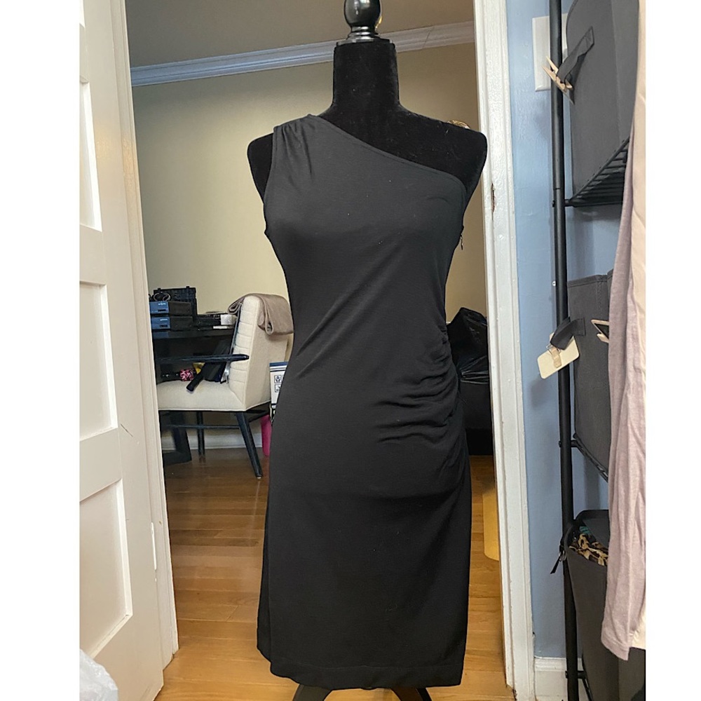 One shoulder black dress with zipper detail